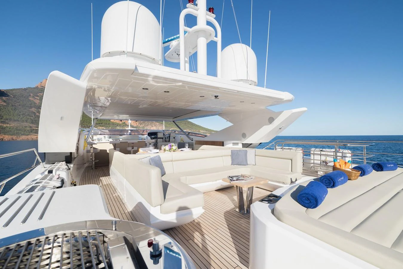 The sundeck offers ample seating and lounging areas with a stunning ocean view. aboard KING POWER Yacht for Sale