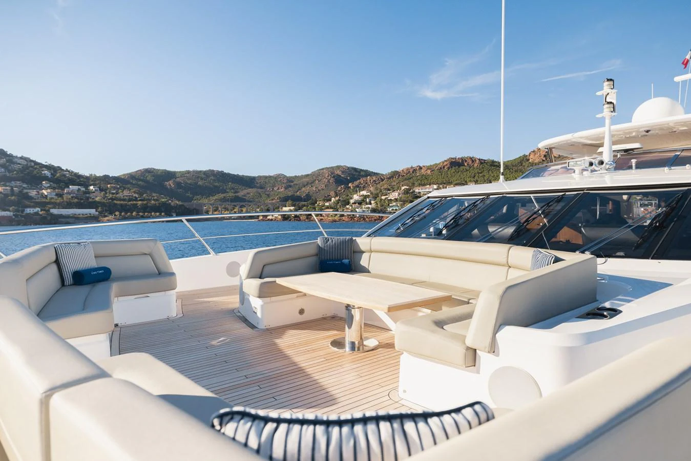The flybridge offers ample seating with panoramic views of the surrounding waters and landscape. aboard KING POWER Yacht for Sale