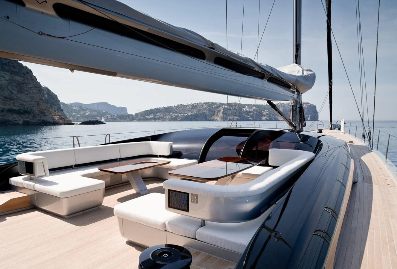 The sleek deck of the yacht offers luxurious seating and stunning views of the surrounding waters. aboard ANOMALY Yacht for Sale