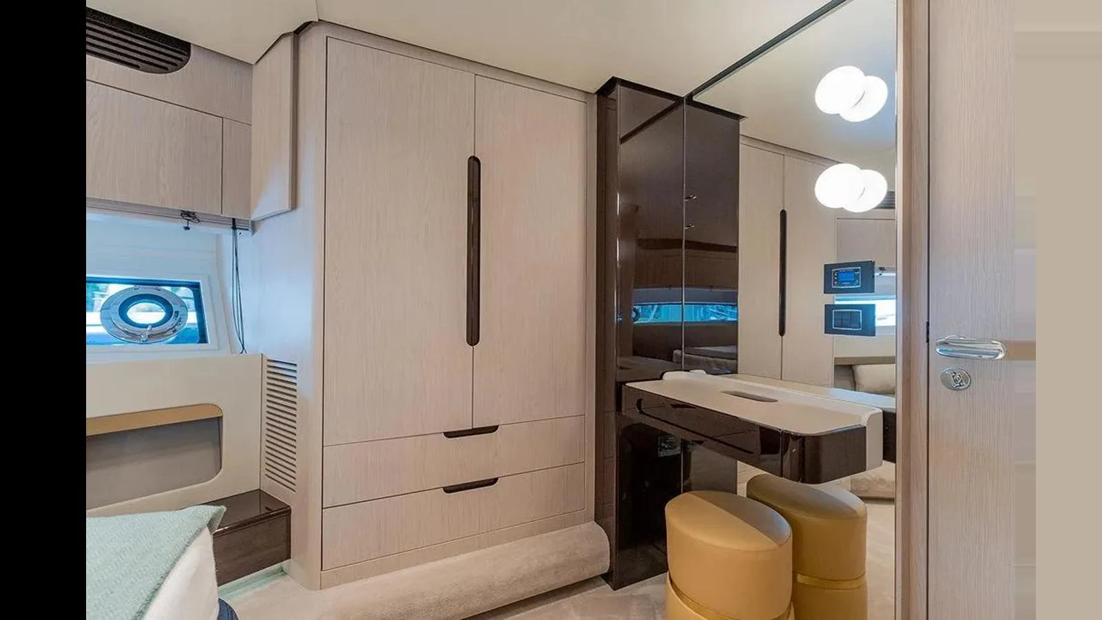 A modern stateroom with sleek furnishings and ample storage space. aboard 2022 AZIMUT GRANDE 25 METRI Yacht for Sale