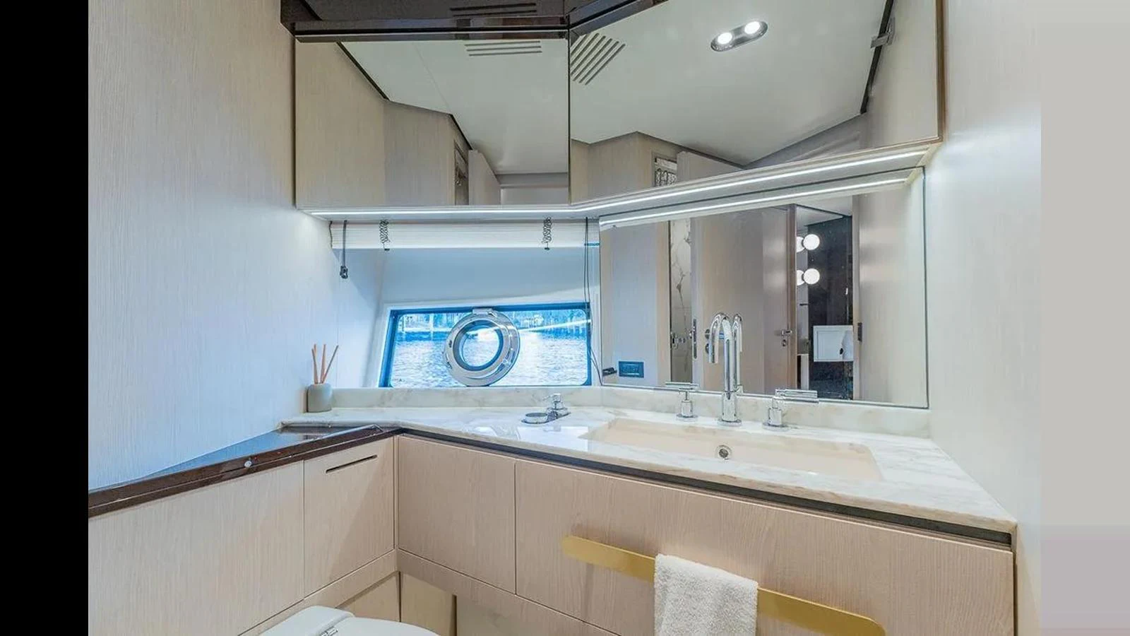 The yacht's bathroom features a sleek and modern design with ample lighting and elegant fixtures. aboard 2022 AZIMUT GRANDE 25 METRI Yacht for Sale
