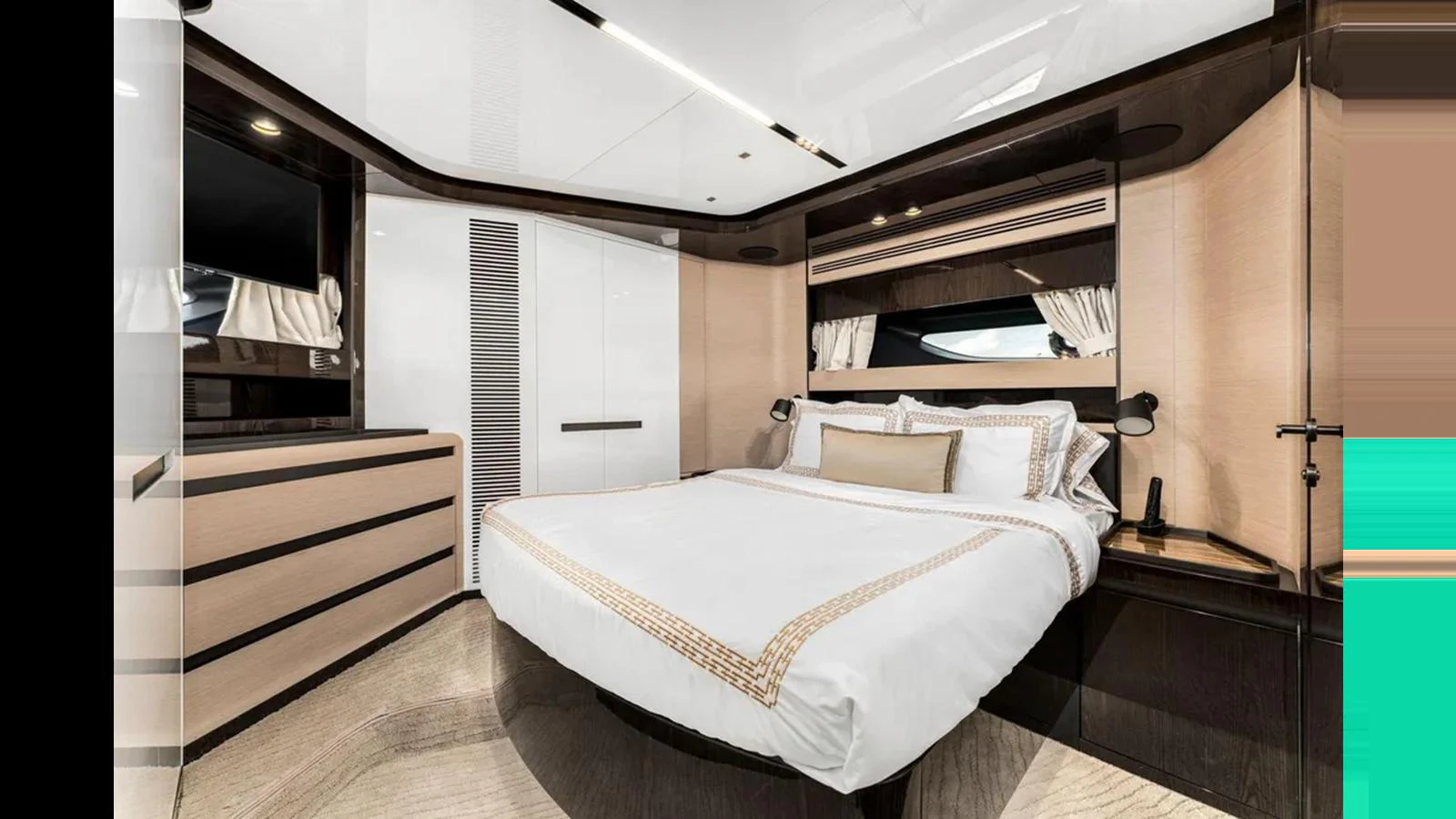 The stateroom features a luxurious bed with elegant bedding and modern furnishings. aboard 2022 AZIMUT S10 Yacht for Sale