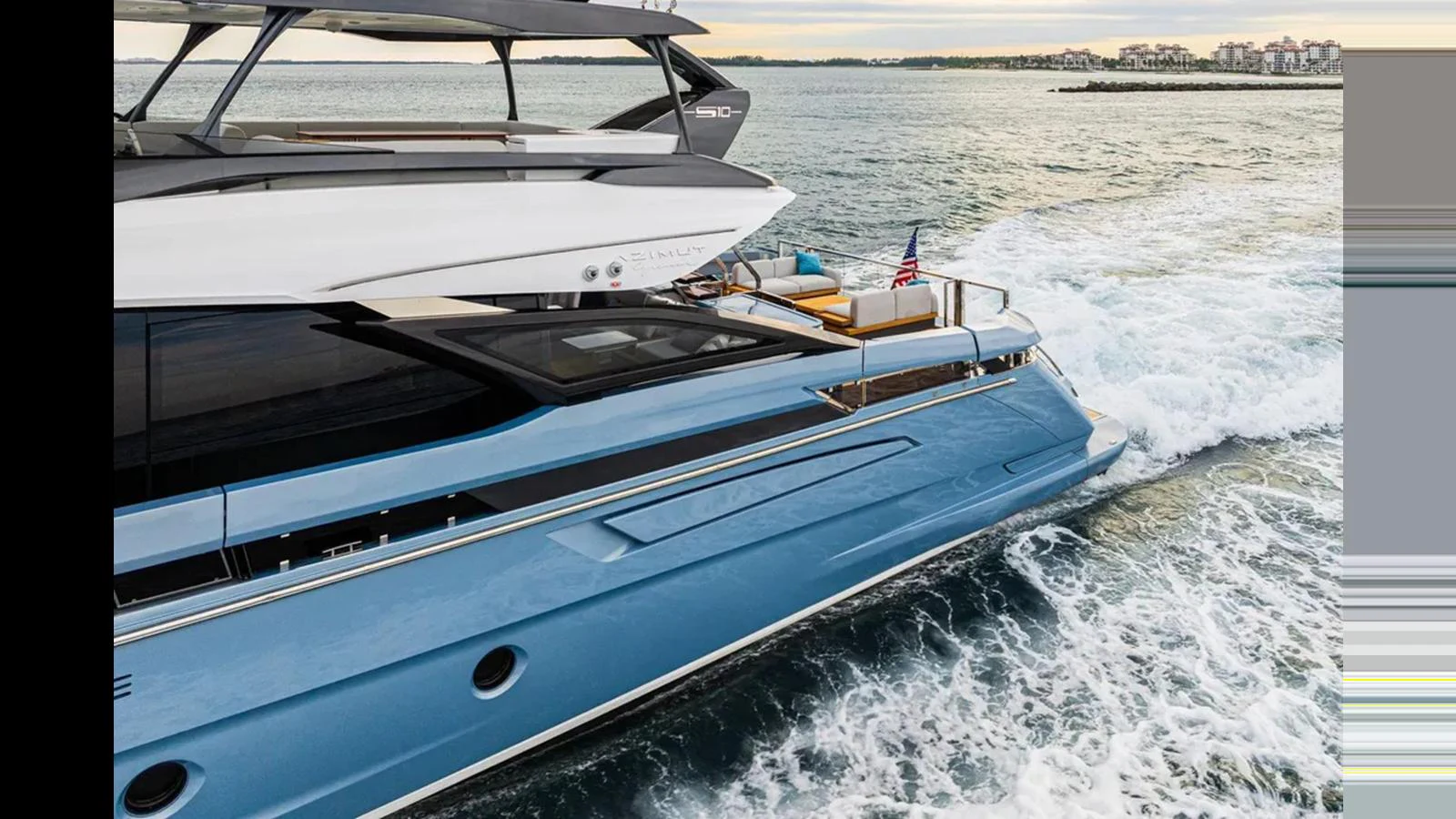A sleek yacht cruises through the water, showcasing its modern design and spacious deck. aboard 2022 AZIMUT S10 Yacht for Sale