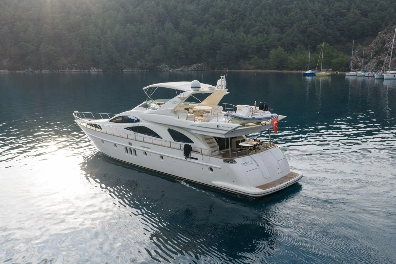 A sleek yacht glides gracefully on calm waters, surrounded by a serene natural backdrop. aboard SENIOR S Yacht for Sale