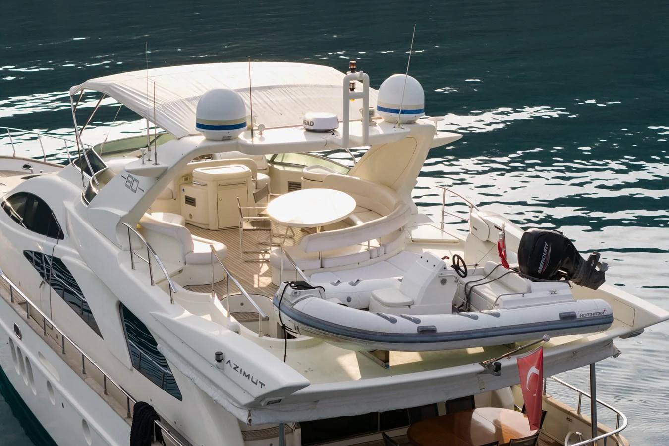 The yacht's aft deck features a spacious seating area and a tender mounted on the swim platform. aboard SENIOR S Yacht for Sale