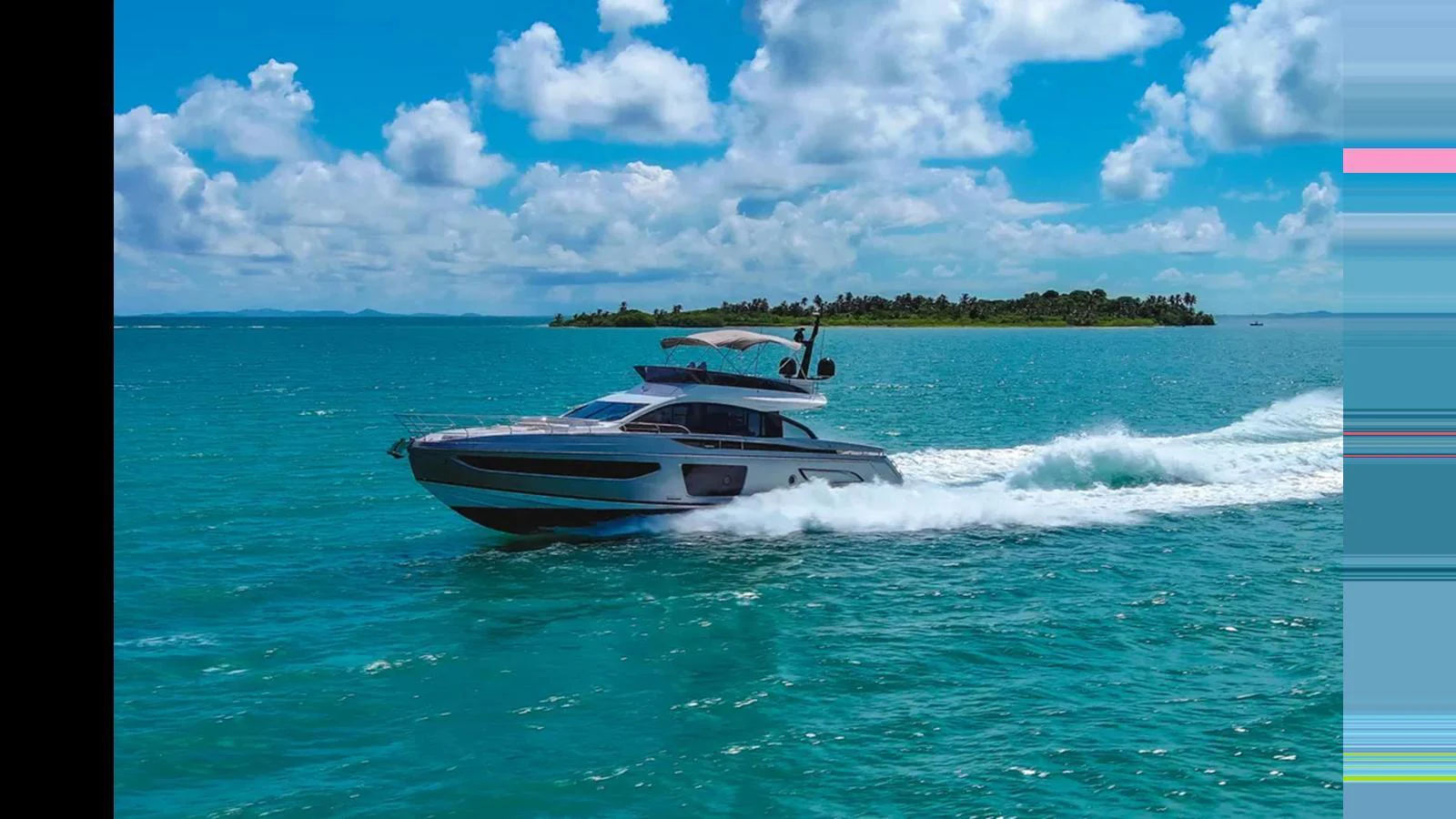A sleek yacht cruises swiftly through turquoise waters under a bright blue sky. aboard AZIMUT S7 Yacht for Sale