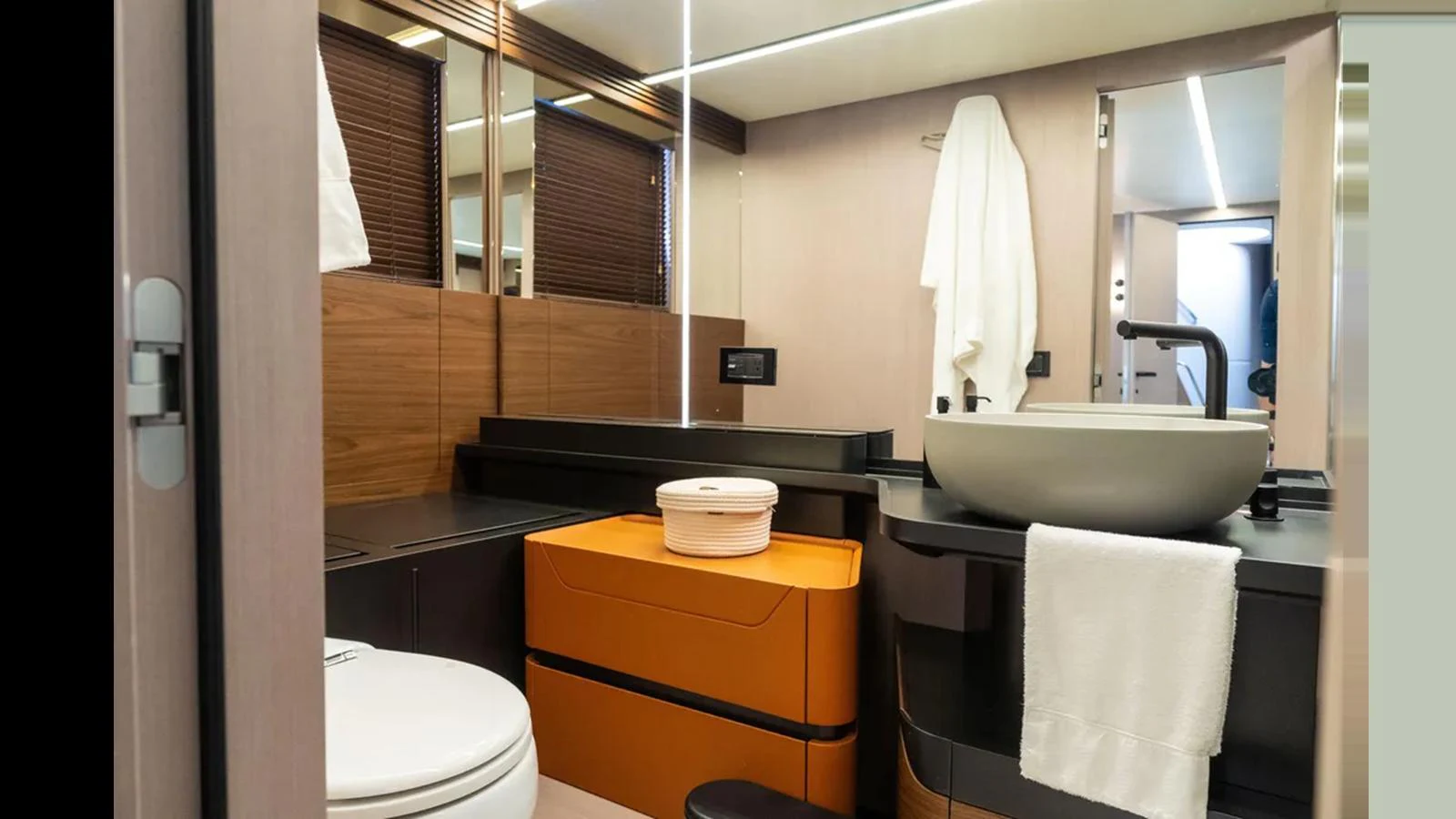 The yacht's bathroom features modern fixtures and a sleek design. aboard AZIMUT S7 Yacht for Sale
