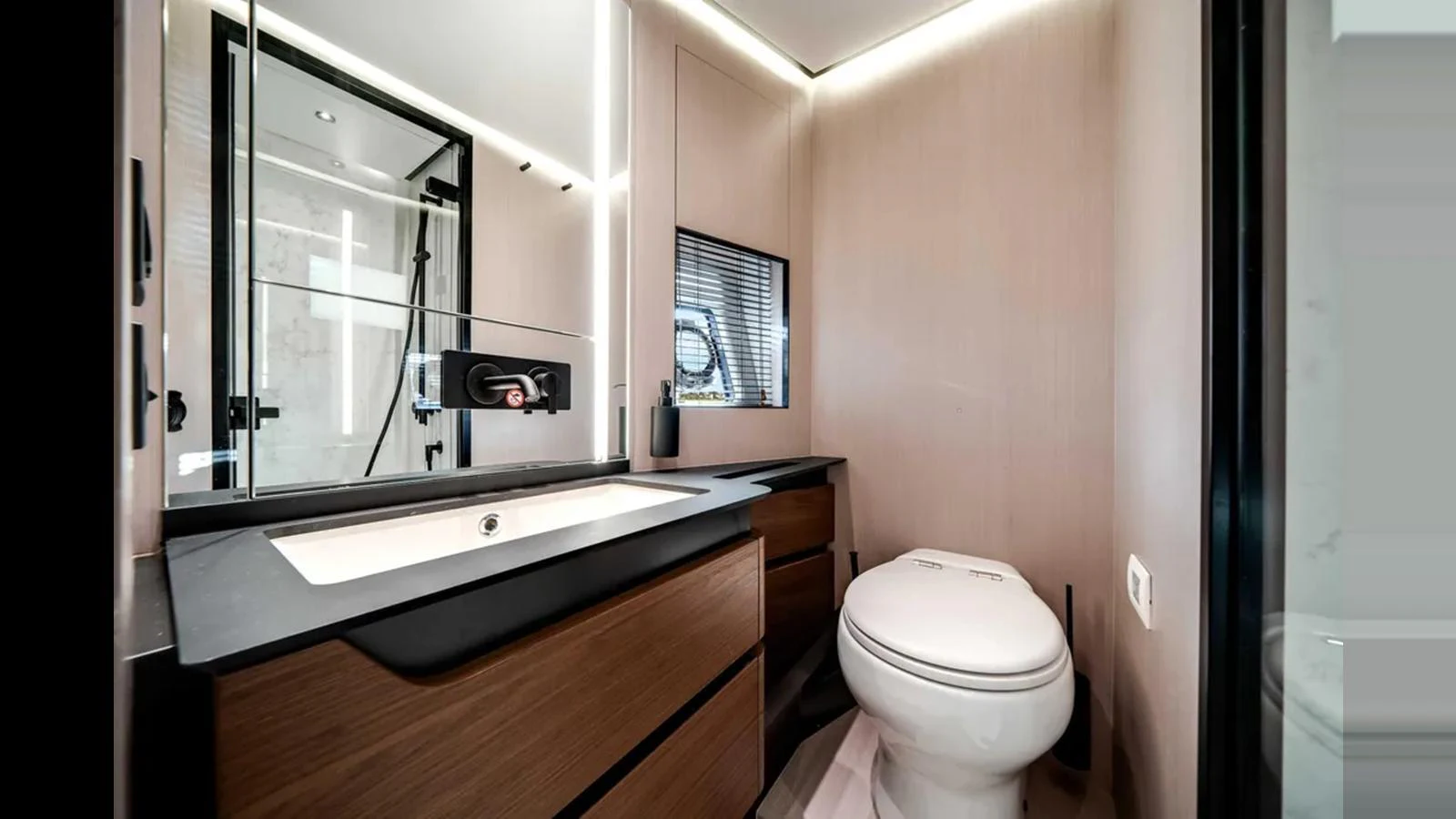 A sleek and modern yacht bathroom with high-end fixtures and a minimalist design. aboard 2025 AZIMUT S8 Yacht for Sale