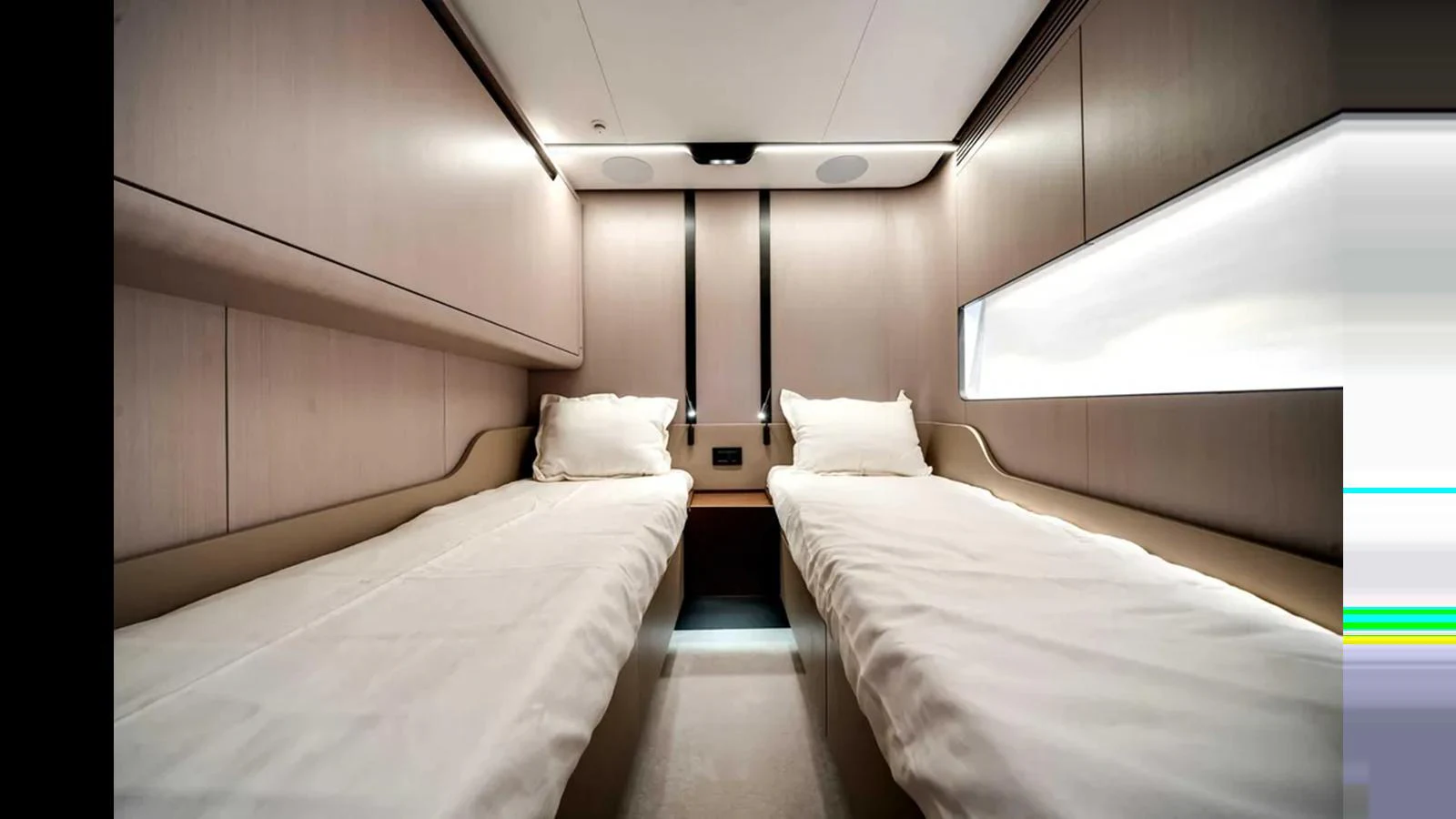 The twin stateroom features two single beds with modern, minimalist decor. aboard 2025 AZIMUT S8 Yacht for Sale
