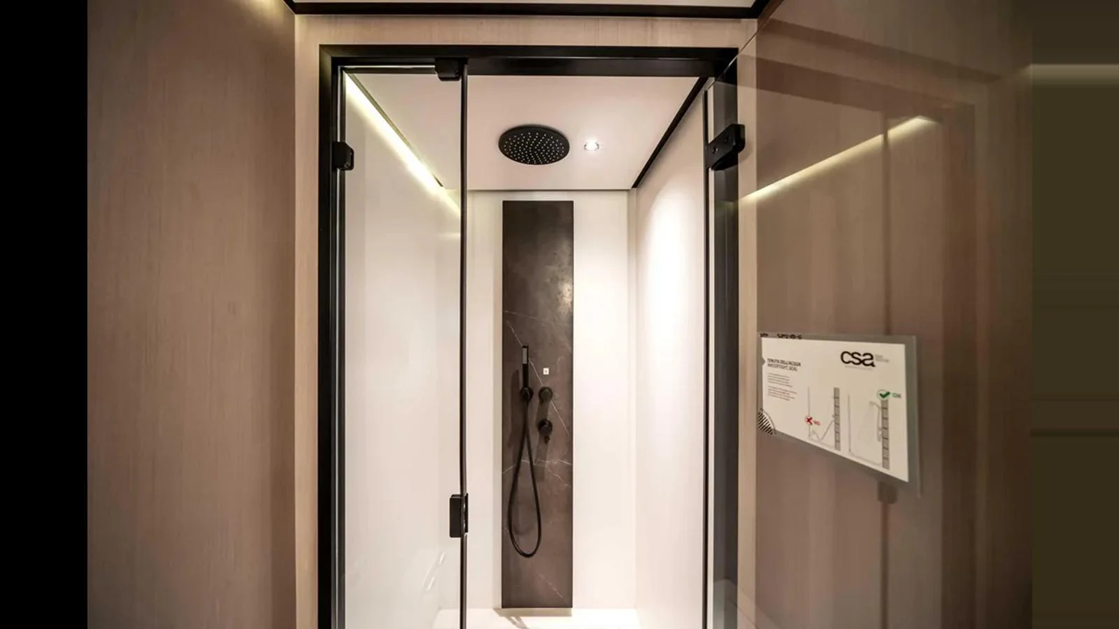 A sleek and modern shower area with glass doors and contemporary fixtures. aboard 2025 AZIMUT S8 Yacht for Sale