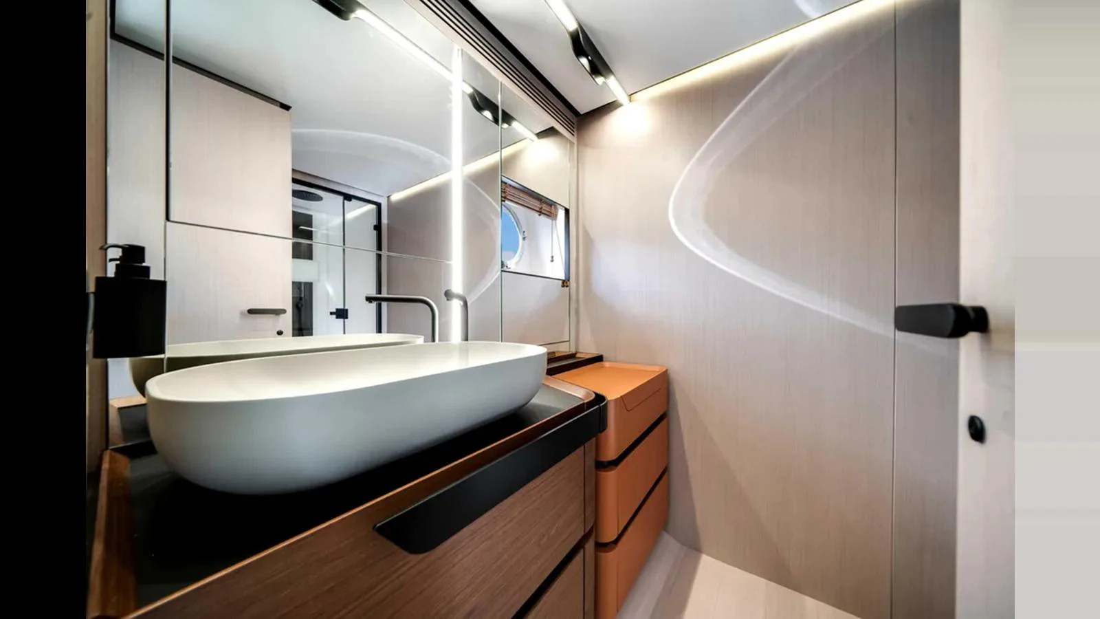 A sleek and modern bathroom with a stylish sink and ample storage. aboard 2025 AZIMUT S8 Yacht for Sale