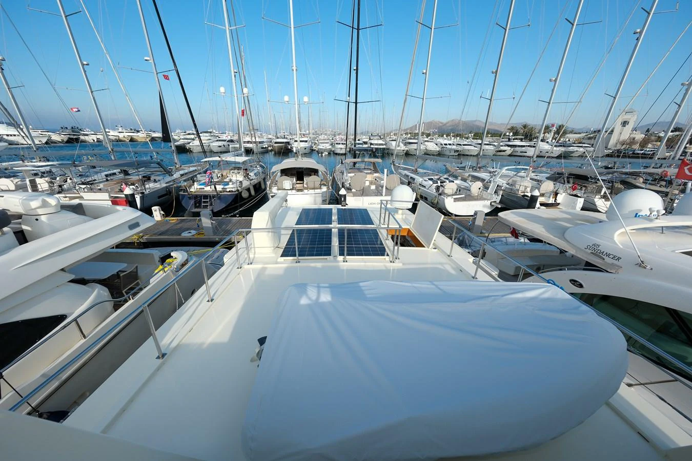 The yacht's flybridge offers a spacious and versatile area, ideal for relaxation and enjoying panoramic views of the marina. aboard XANAX Yacht for Sale
