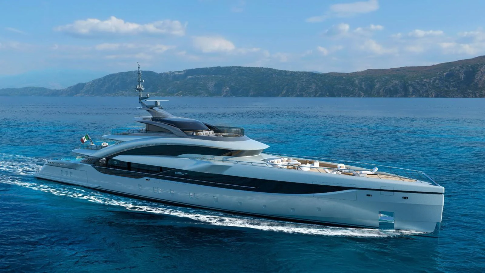 A sleek and modern yacht glides through clear blue waters with a stunning backdrop of coastal cliffs. aboard GRANTURISMO 66M Yacht for Sale