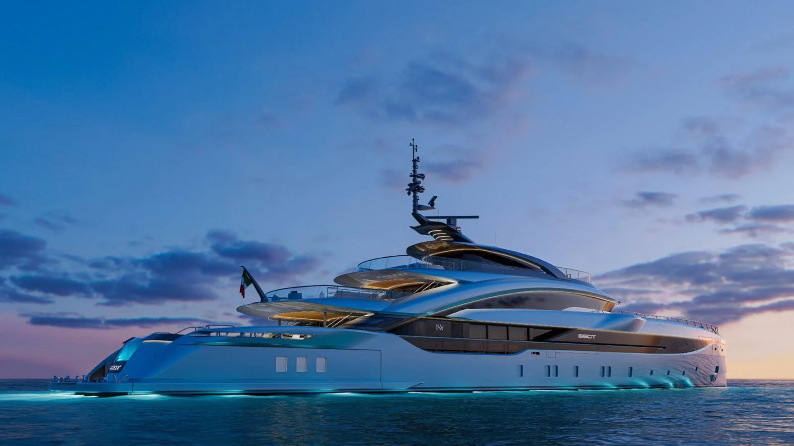 A sleek and modern yacht glides gracefully on the water at dusk, illuminated by soft blue lights. aboard GRANTURISMO 66M Yacht for Sale