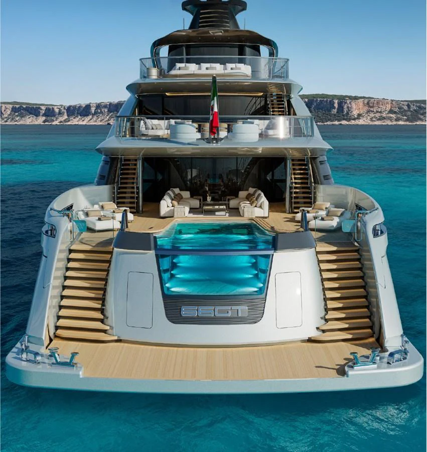 The yacht's aft deck features a luxurious pool and multiple lounging areas, perfect for relaxation and entertainment. aboard GRANTURISMO 66M Yacht for Sale