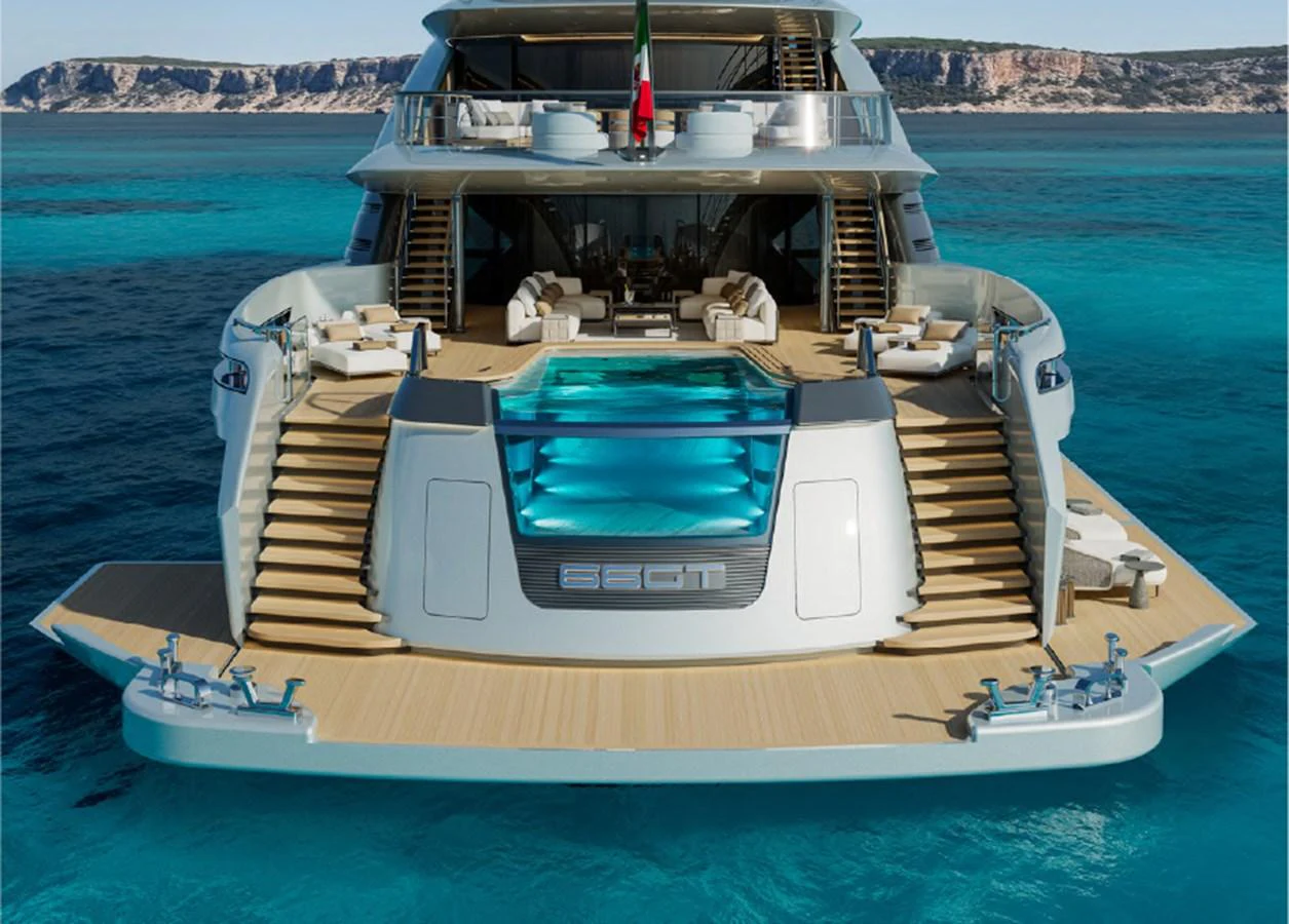 The yacht's aft deck features a luxurious pool and ample lounging space, perfect for relaxation and entertainment. aboard GRANTURISMO 66M Yacht for Sale