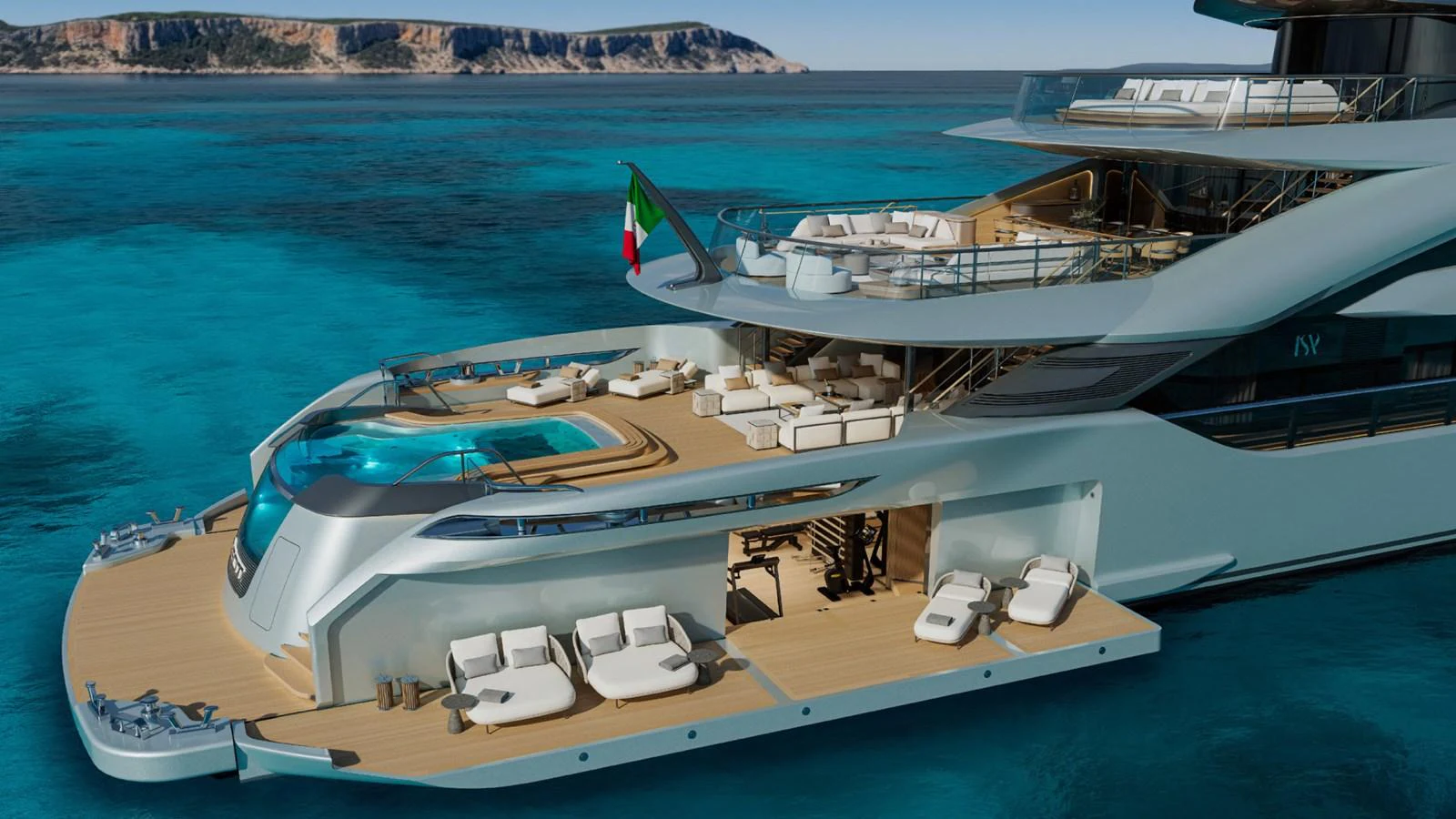 The yacht features a luxurious aft deck with multiple lounging areas and a stunning pool overlooking the ocean. aboard GRANTURISMO 66M Yacht for Sale
