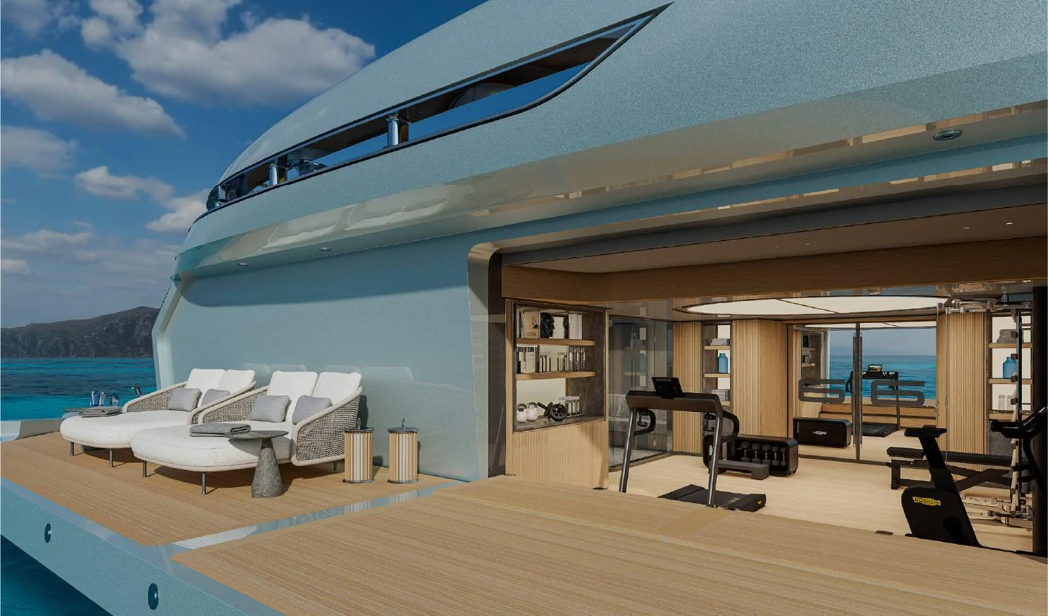 The yacht features a luxurious beach club with sun loungers and a fully equipped gym, offering a perfect blend of relaxation and fitness. aboard GRANTURISMO 66M Yacht for Sale