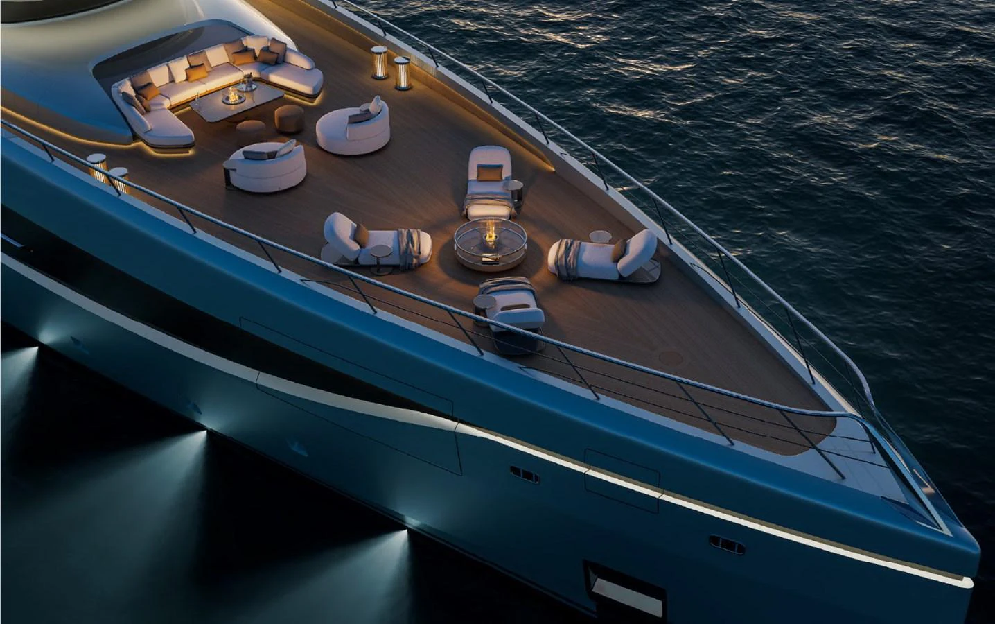 The foredeck of the yacht features an elegant seating area with ambient lighting, perfect for evening relaxation. aboard GRANTURISMO 66M Yacht for Sale