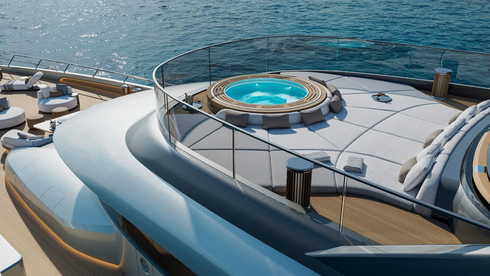 The sundeck features a luxurious jacuzzi surrounded by plush sun pads, offering a perfect relaxation spot with stunning ocean views. aboard GRANTURISMO 66M Yacht for Sale