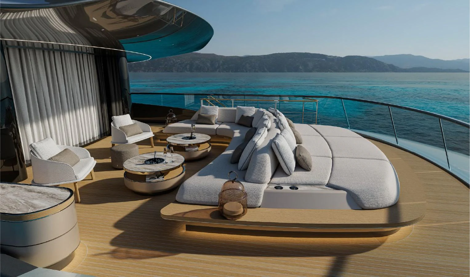 The sundeck offers a luxurious lounging area with plush seating and stunning ocean views. aboard GRANTURISMO 66M Yacht for Sale