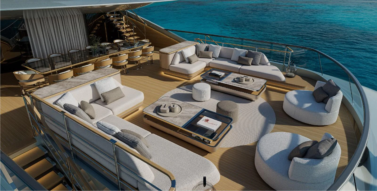 The sundeck offers a luxurious lounging area with plush seating and stunning ocean views. aboard GRANTURISMO 66M Yacht for Sale