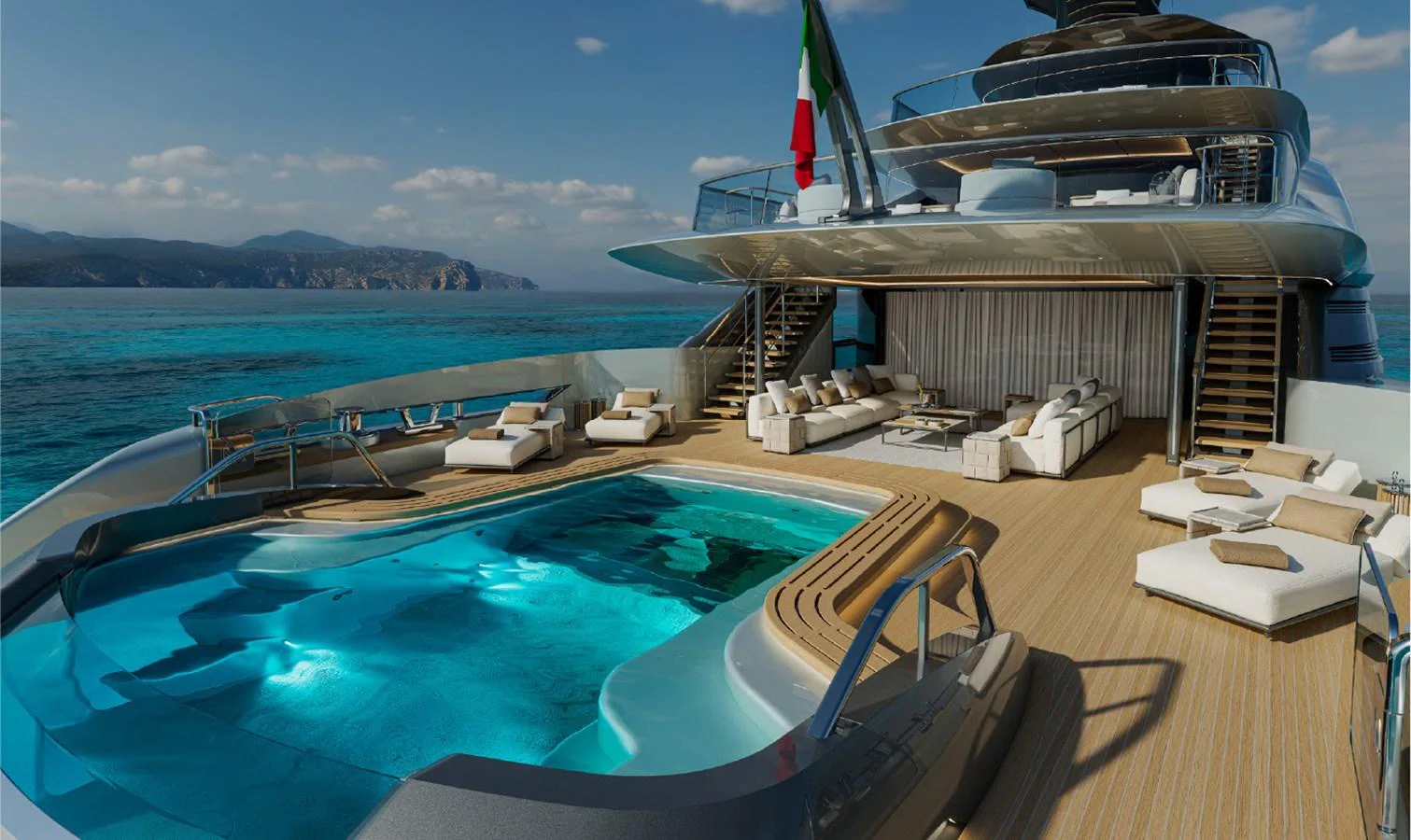 The aft deck features a luxurious pool and ample lounging space with stunning ocean views. aboard GRANTURISMO 66M Yacht for Sale