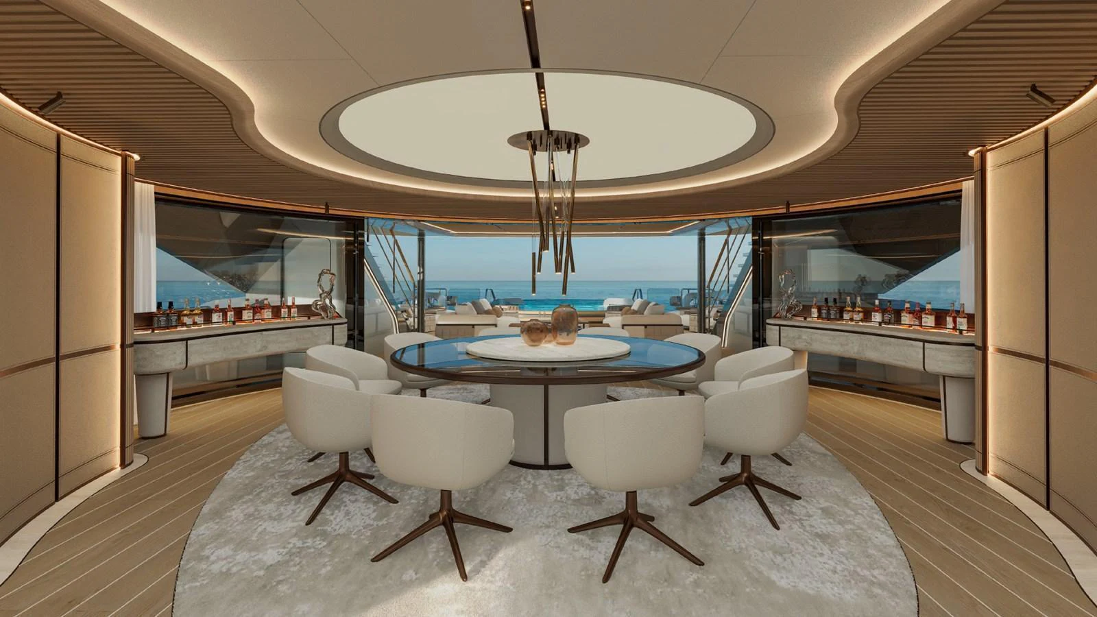 The yacht's dining area features a luxurious and modern design with panoramic ocean views. aboard GRANTURISMO 66M Yacht for Sale