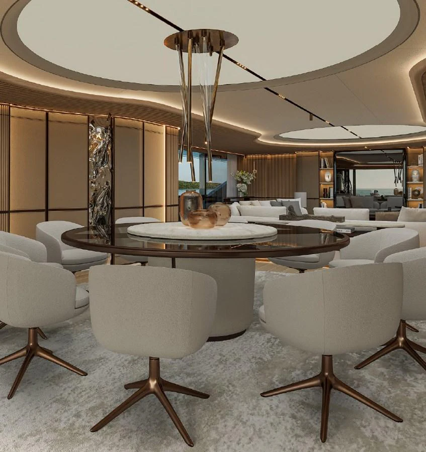 The yacht's dining area features elegant seating and a sophisticated ambiance. aboard GRANTURISMO 66M Yacht for Sale
