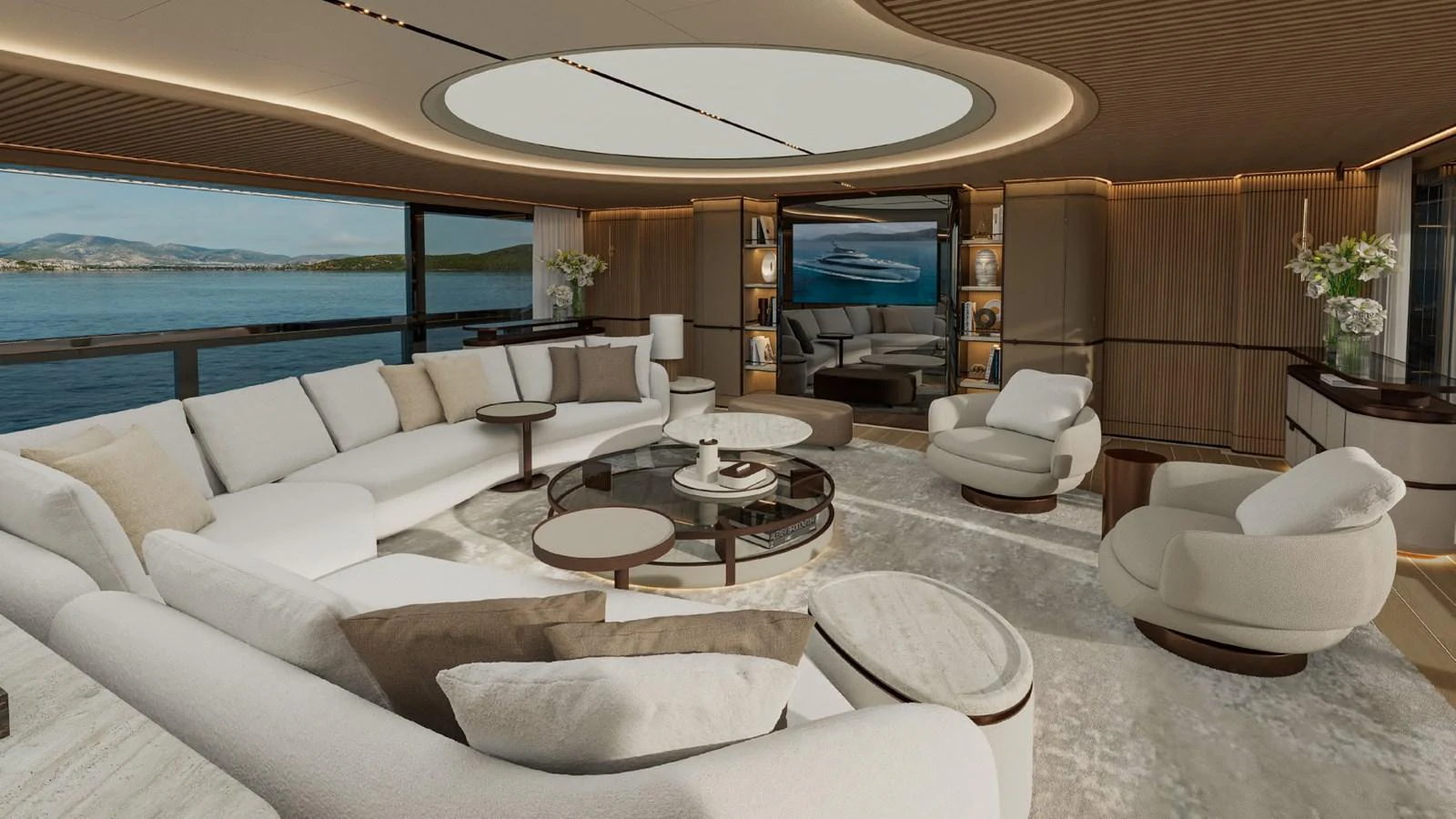 The salon offers a luxurious and spacious seating area with panoramic views. aboard GRANTURISMO 66M Yacht for Sale