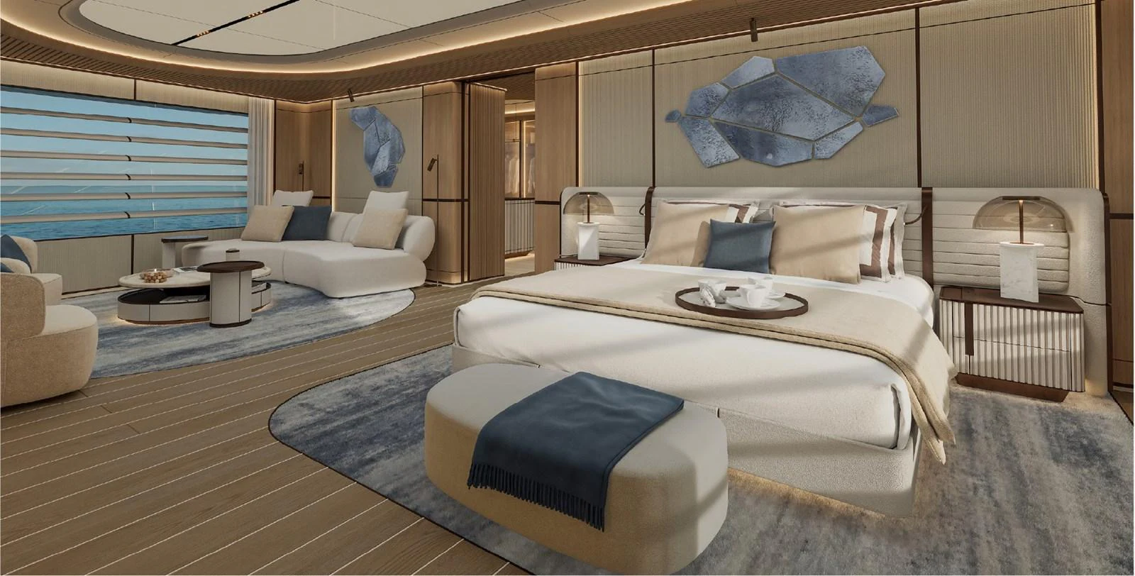The master stateroom features a luxurious bed, elegant seating area, and modern decor with ocean views. aboard GRANTURISMO 66M Yacht for Sale