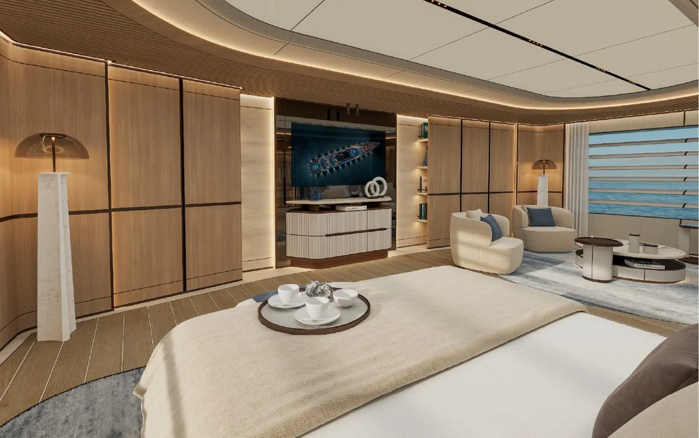 The master stateroom features elegant wood paneling, a large bed, and a cozy seating area with a view of the sea. aboard GRANTURISMO 66M Yacht for Sale