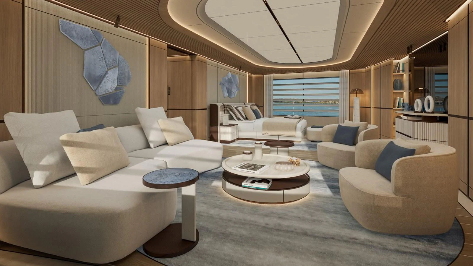 The salon features a luxurious and spacious seating area with modern decor and ample natural light. aboard GRANTURISMO 66M Yacht for Sale