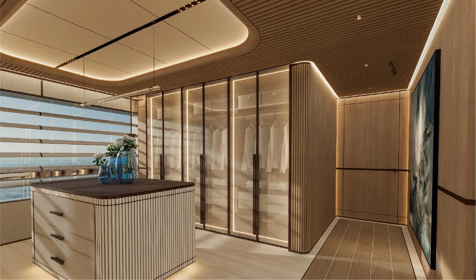 This luxurious walk-in closet features elegant lighting and ample storage space. aboard GRANTURISMO 66M Yacht for Sale