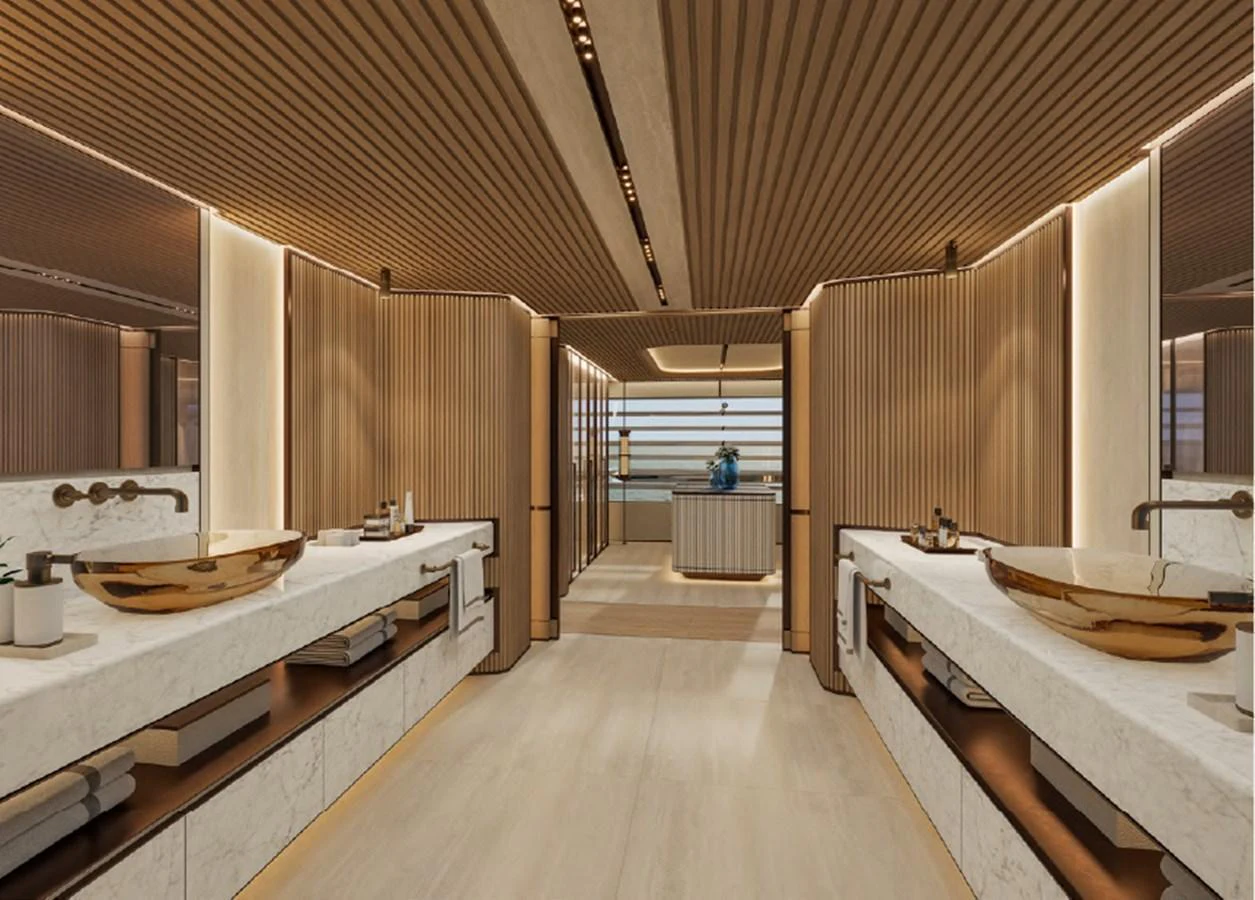 Luxurious bathroom with dual sinks and elegant wooden accents. aboard GRANTURISMO 66M Yacht for Sale