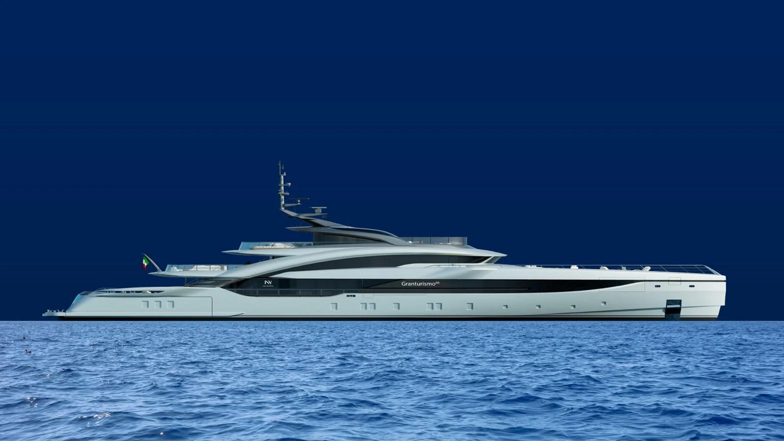 A sleek and modern yacht glides gracefully on calm waters under a clear sky. aboard GRANTURISMO 66M Yacht for Sale