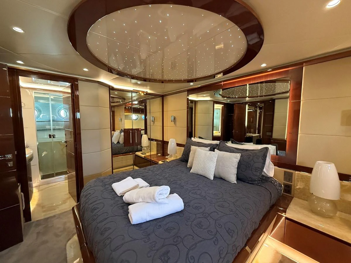 The master stateroom offers a luxurious and spacious retreat with elegant decor and modern amenities. aboard COF Yacht for Sale
