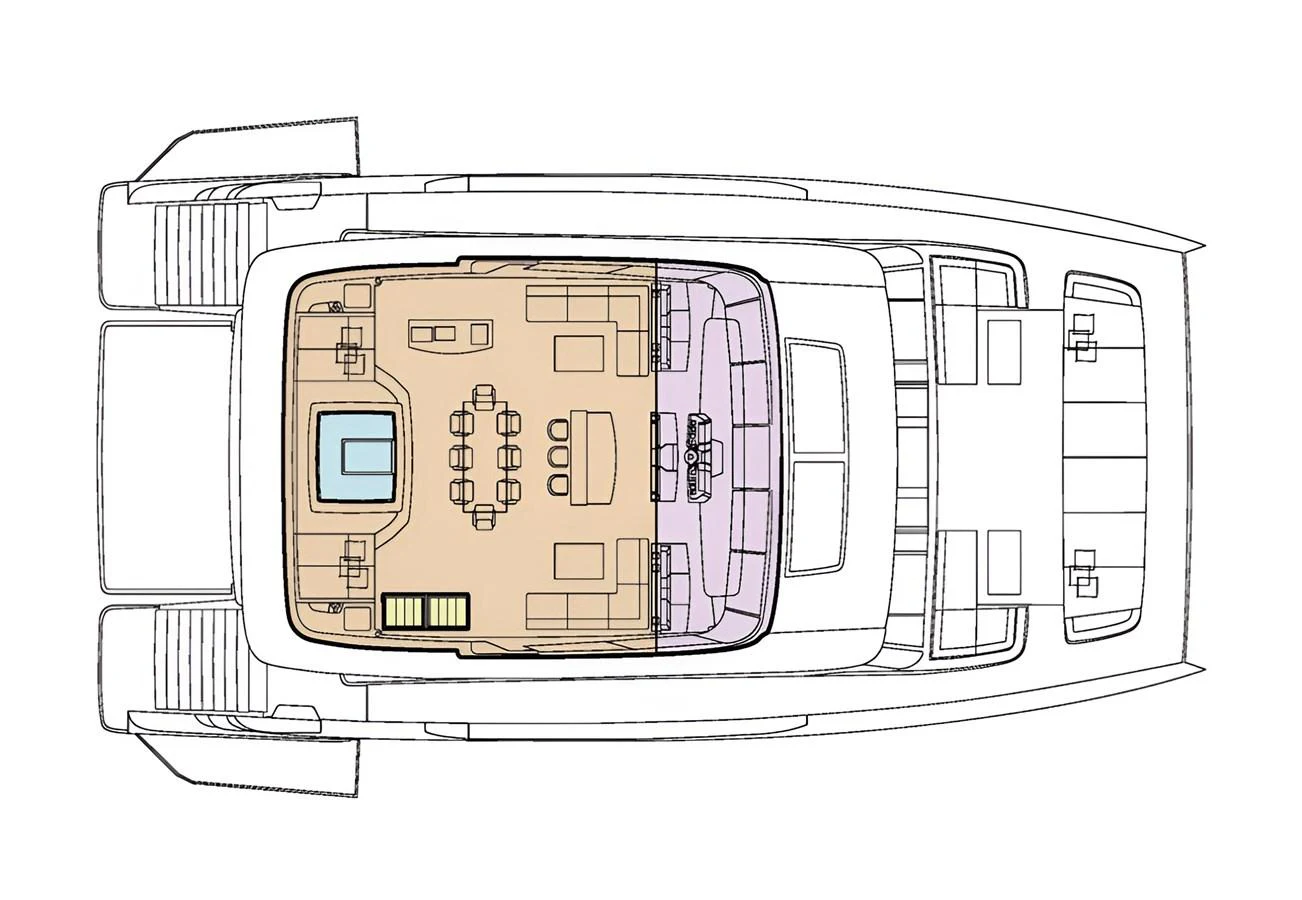 This image shows the deck plan of a yacht, detailing the layout of various areas. aboard TWILIGHT Yacht for Sale
