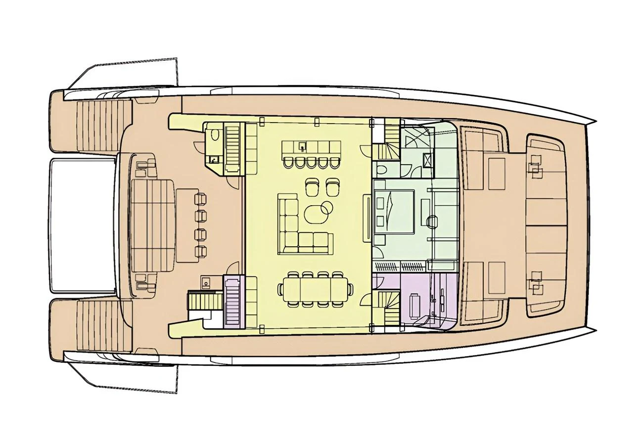 This is a detailed layout plan of a yacht's deck, showcasing various living and dining areas. aboard TWILIGHT Yacht for Sale