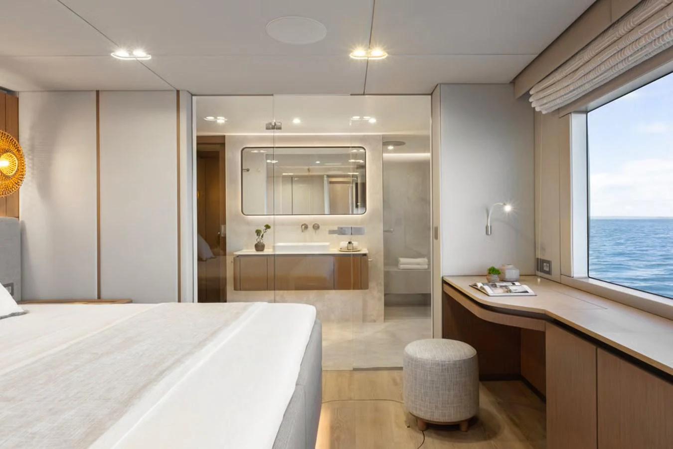 The master stateroom offers a serene and luxurious retreat with a view of the sea. aboard TWILIGHT Yacht for Sale