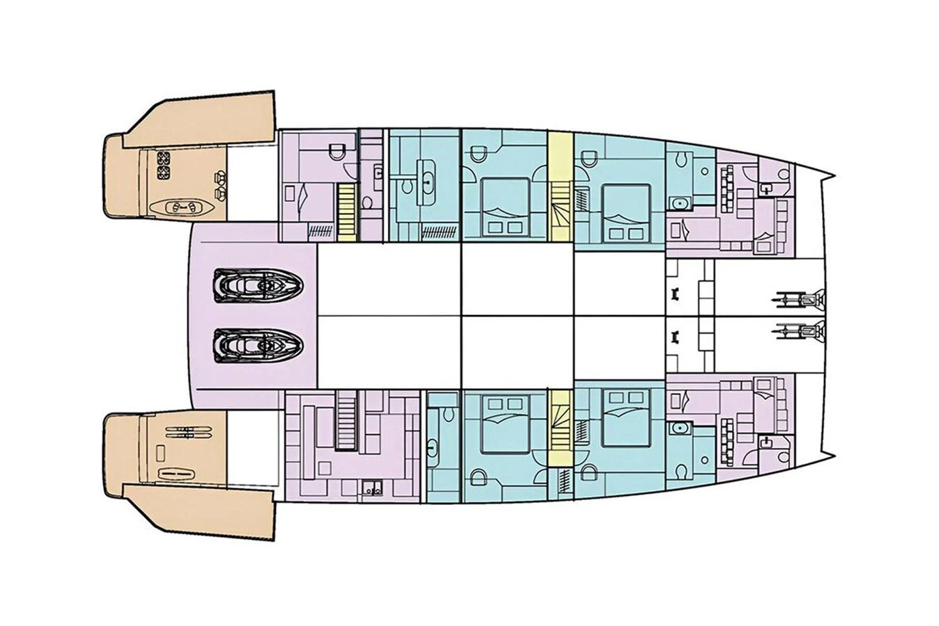This image showcases the detailed layout plan of a yacht, highlighting various rooms and amenities. aboard TWILIGHT Yacht for Sale