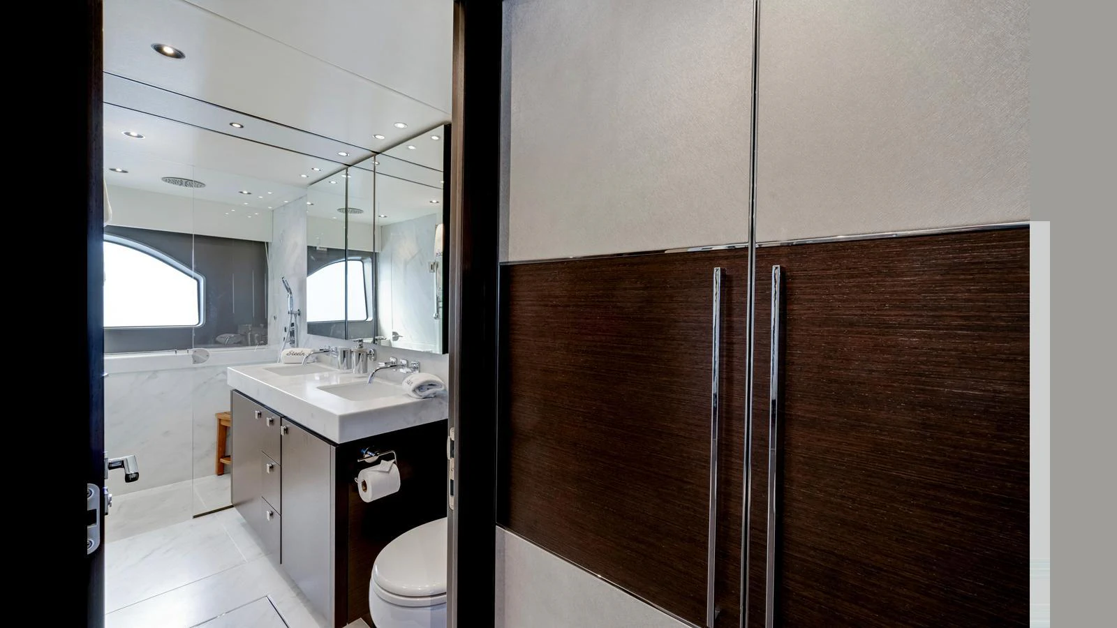 The yacht's bathroom features modern fixtures and a sleek design. aboard STEELN Yacht for Sale