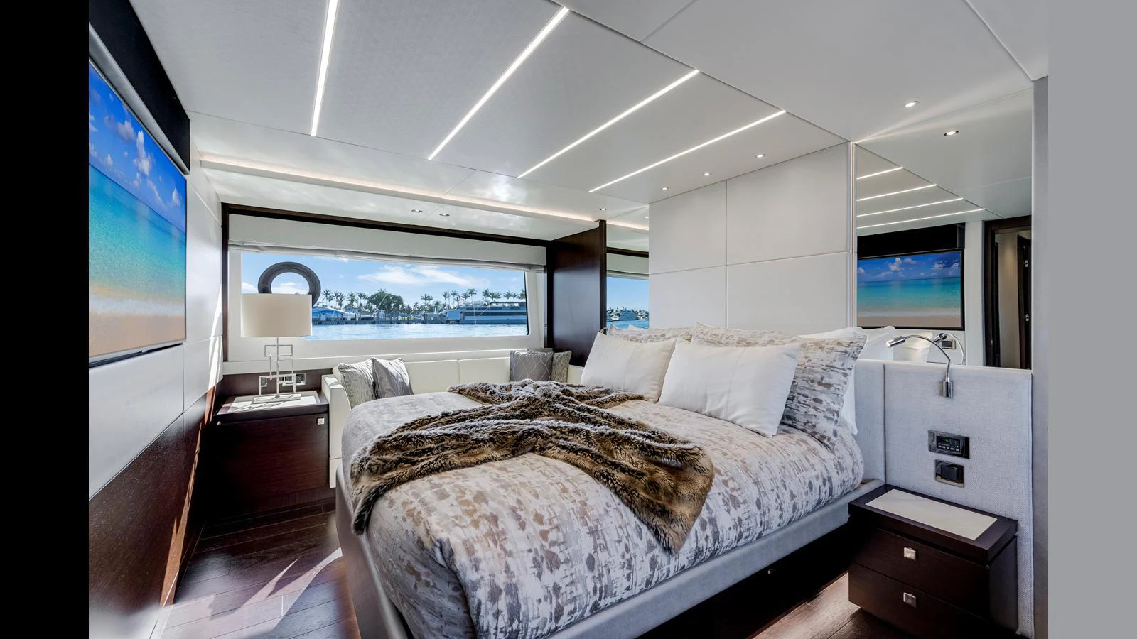 The master stateroom offers a luxurious and serene retreat with panoramic views and elegant decor. aboard STEELN Yacht for Sale