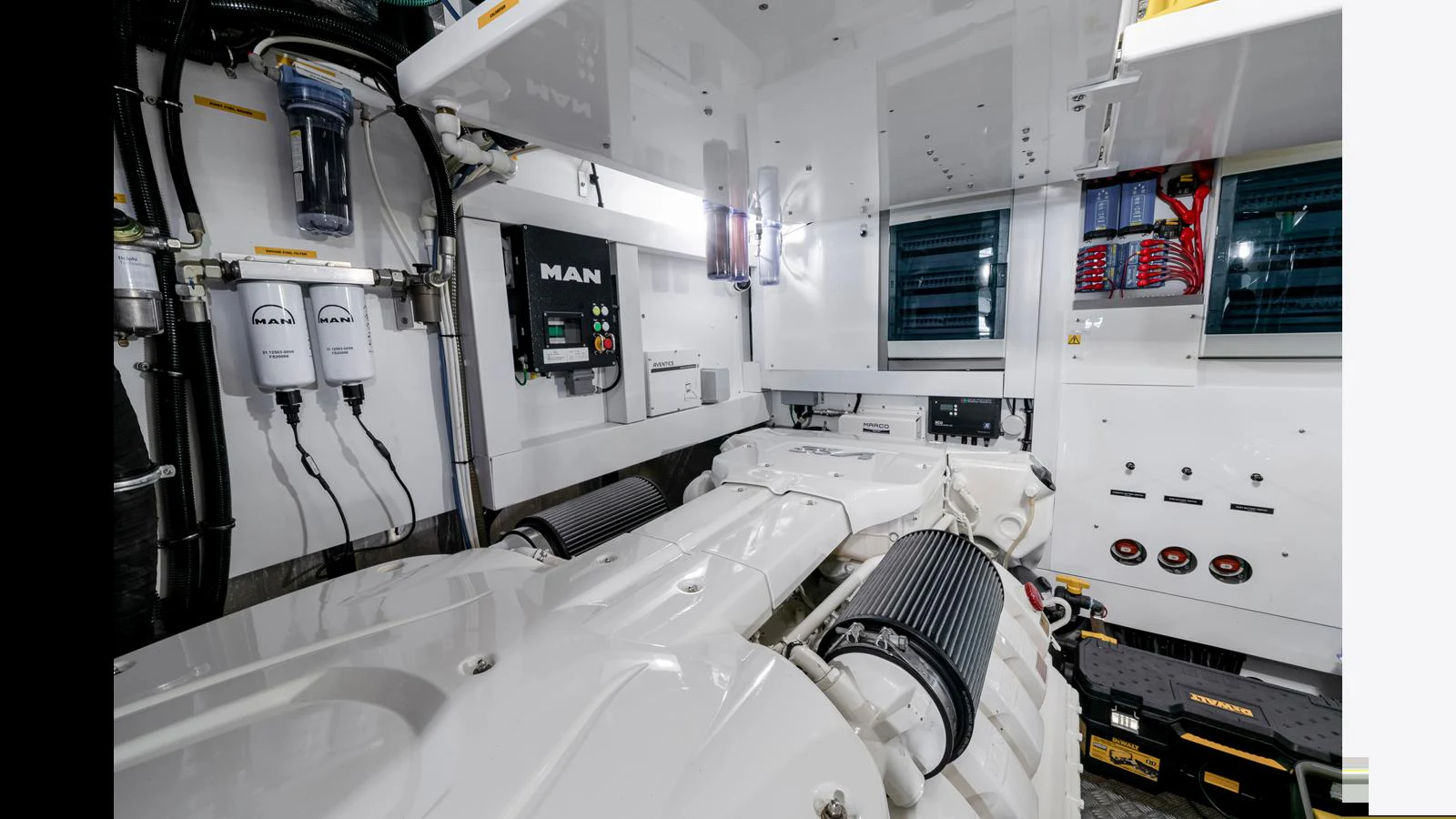 The image showcases the pristine and well-organized engine room of the yacht, highlighting its advanced machinery. aboard STEELN Yacht for Sale