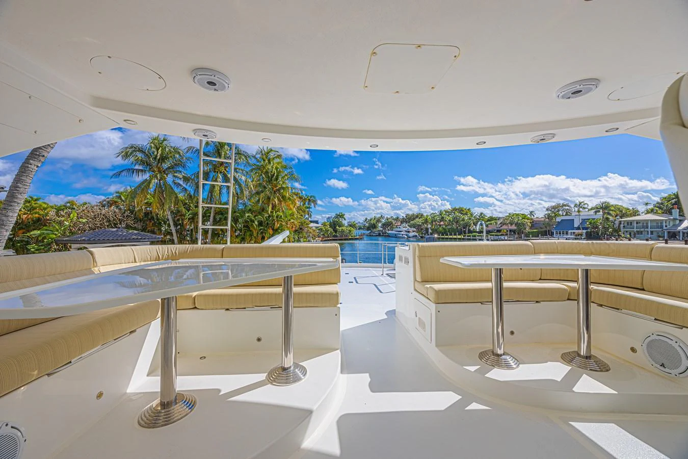 The aft deck features comfortable seating and tables, perfect for enjoying the view. aboard MARGARITA Yacht for Sale