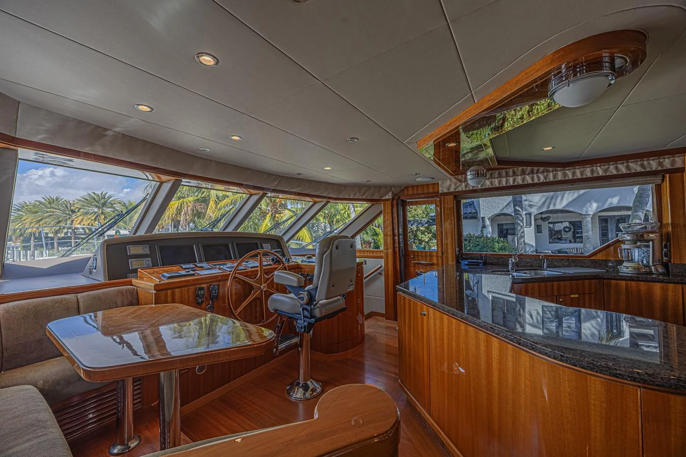 The helm area features a luxurious and spacious design with large windows offering panoramic views. aboard MARGARITA Yacht for Sale