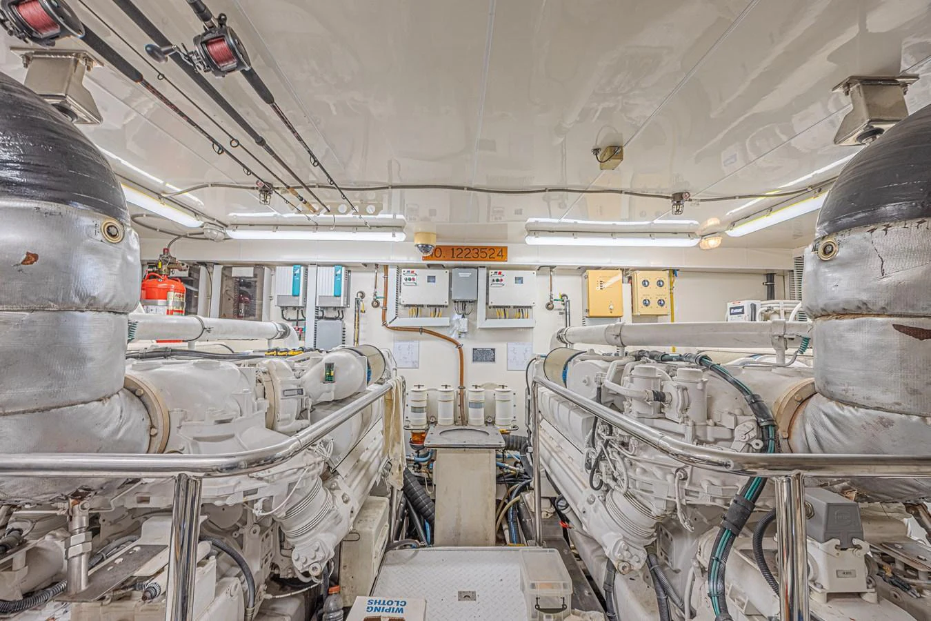 The image showcases the yacht's well-maintained engine room with advanced machinery and equipment. aboard MARGARITA Yacht for Sale