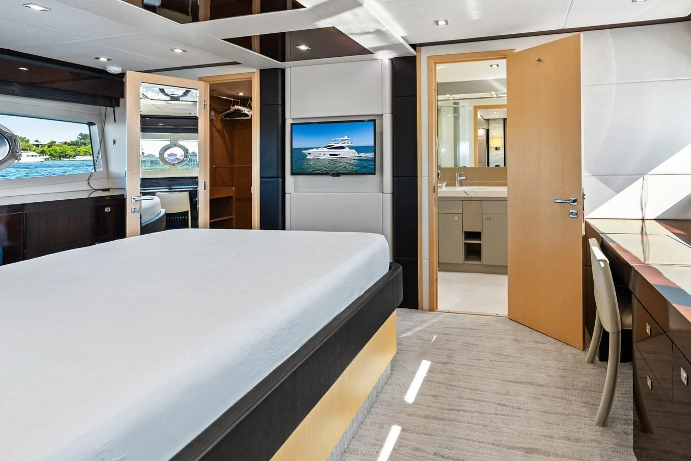 The master stateroom offers a spacious and luxurious retreat with modern amenities and elegant design. aboard IT'S ENOUGH Yacht for Sale