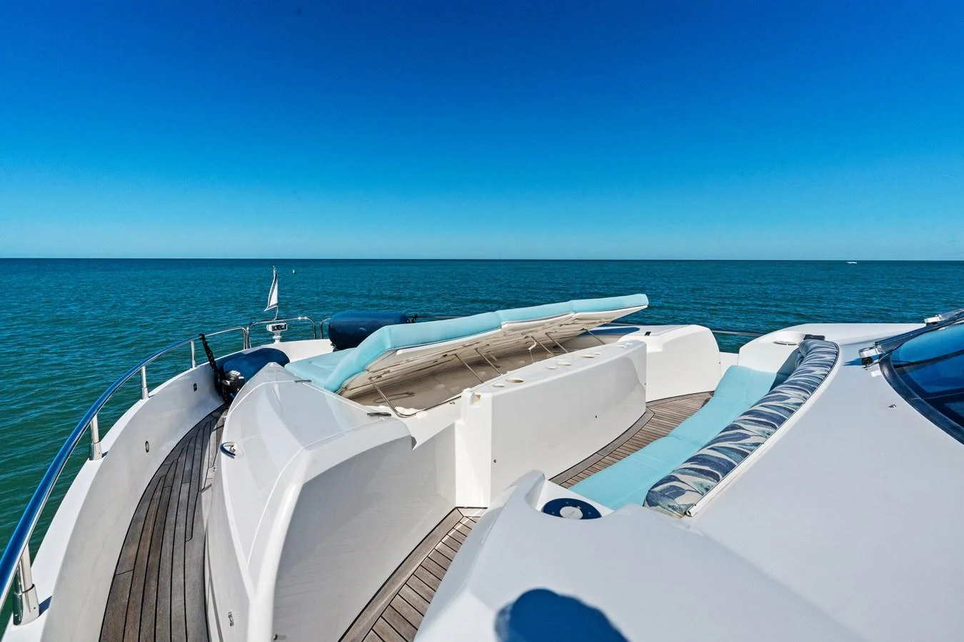 The foredeck features spacious sun pads and a stunning view of the open sea. aboard IT'S ENOUGH Yacht for Sale