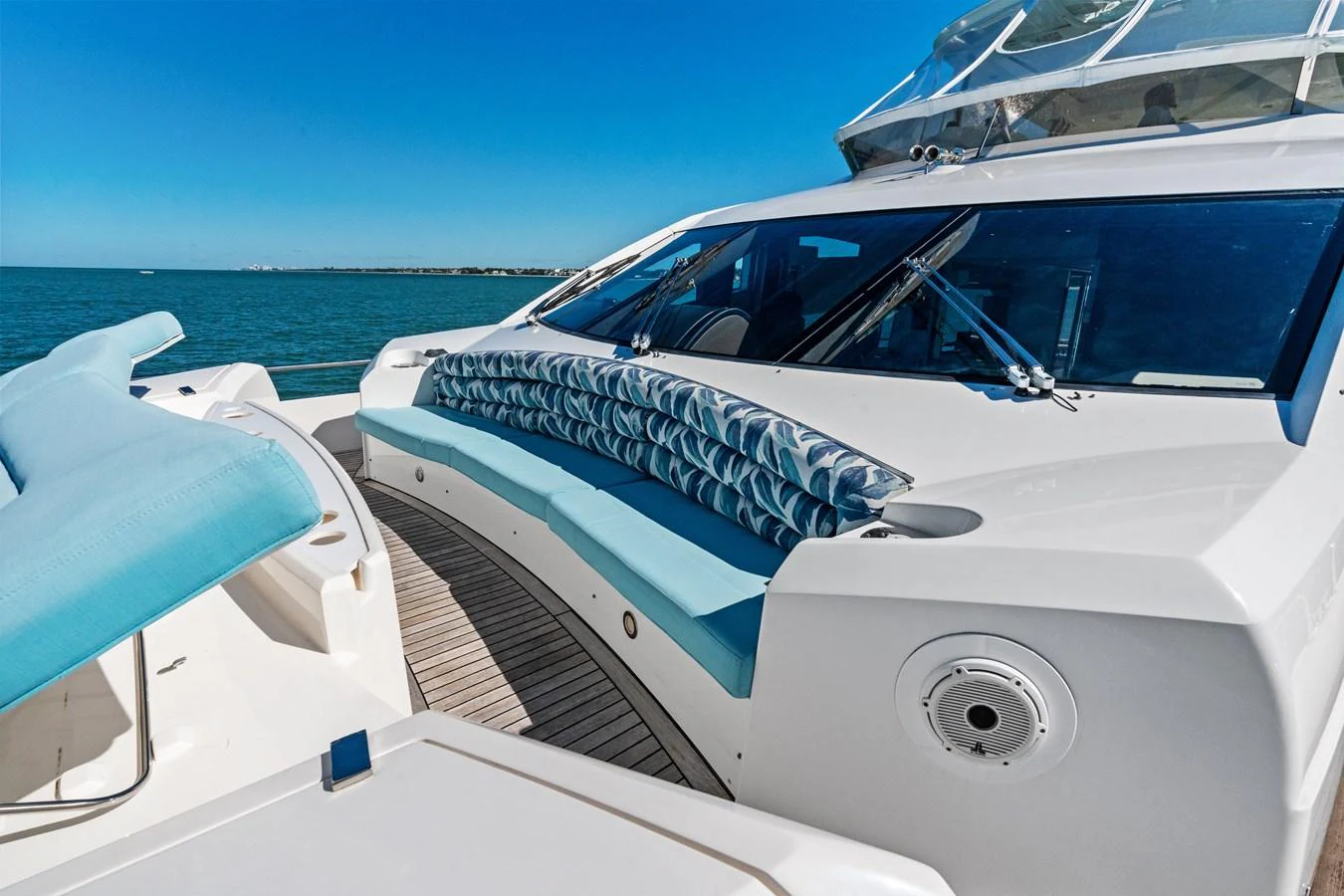 The yacht's bow area features comfortable seating with a stunning ocean view. aboard IT'S ENOUGH Yacht for Sale